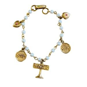 Charm Bracelet VtG Stop Slow Danger Heart Statement Dangle Gold Tone Pearl Retro